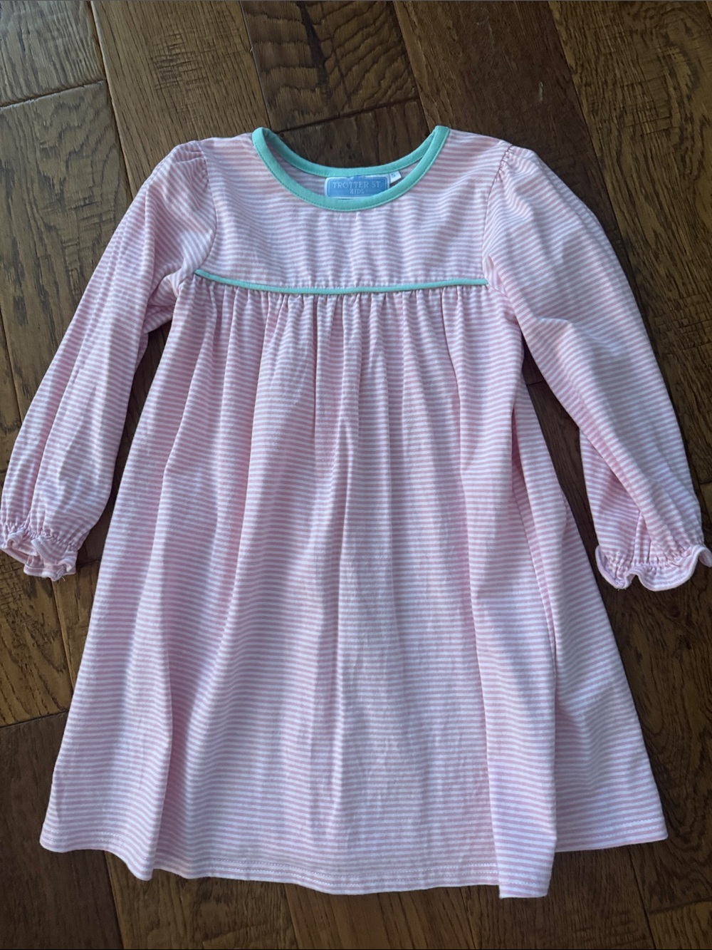 Cozy Pink Stripe Long-Sleeve Girls' Dress with Mint Trim
